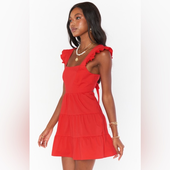 Show Me Your MuMu Lovely Mini Dress Red Poplin Ruffle Straps Tie Back - Picture 3 of 4